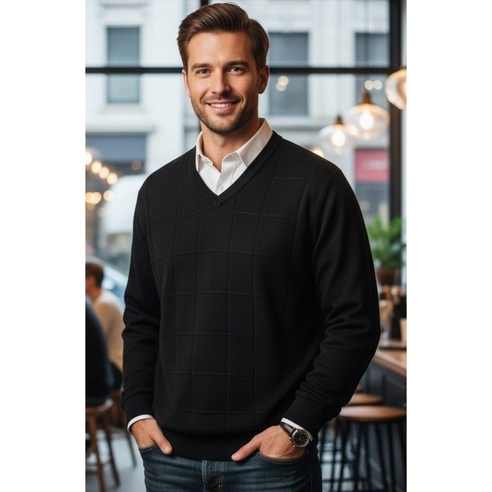 Via Europa V-Neck Windowpane Sweater Men's XL Preppy Pullover Minimalist Outdoor